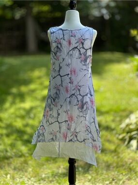 Sleeveless White Floral High-Low Dress with Pink Accents